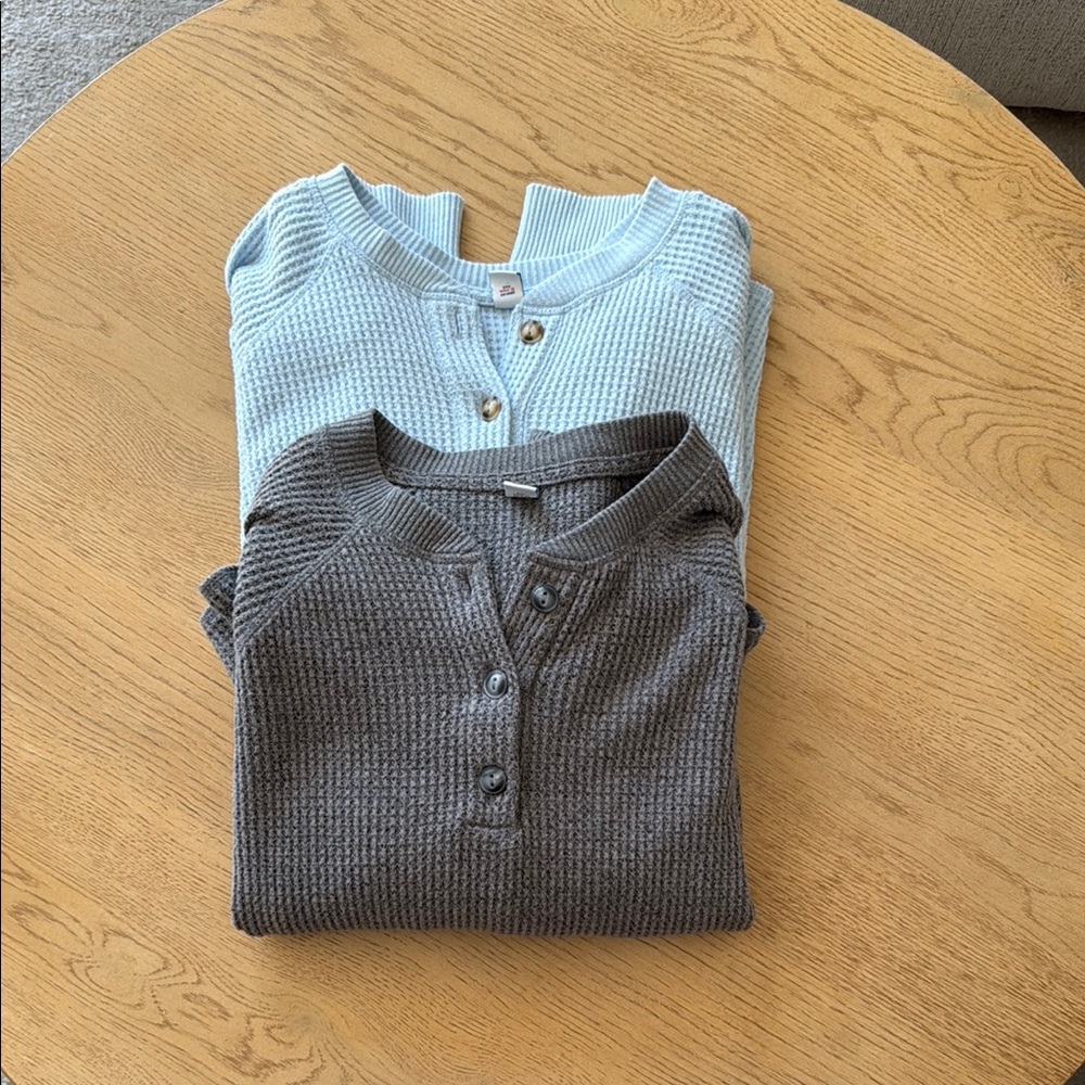 Two old navy Blue and Gray Waffle Knit Henley Shirts